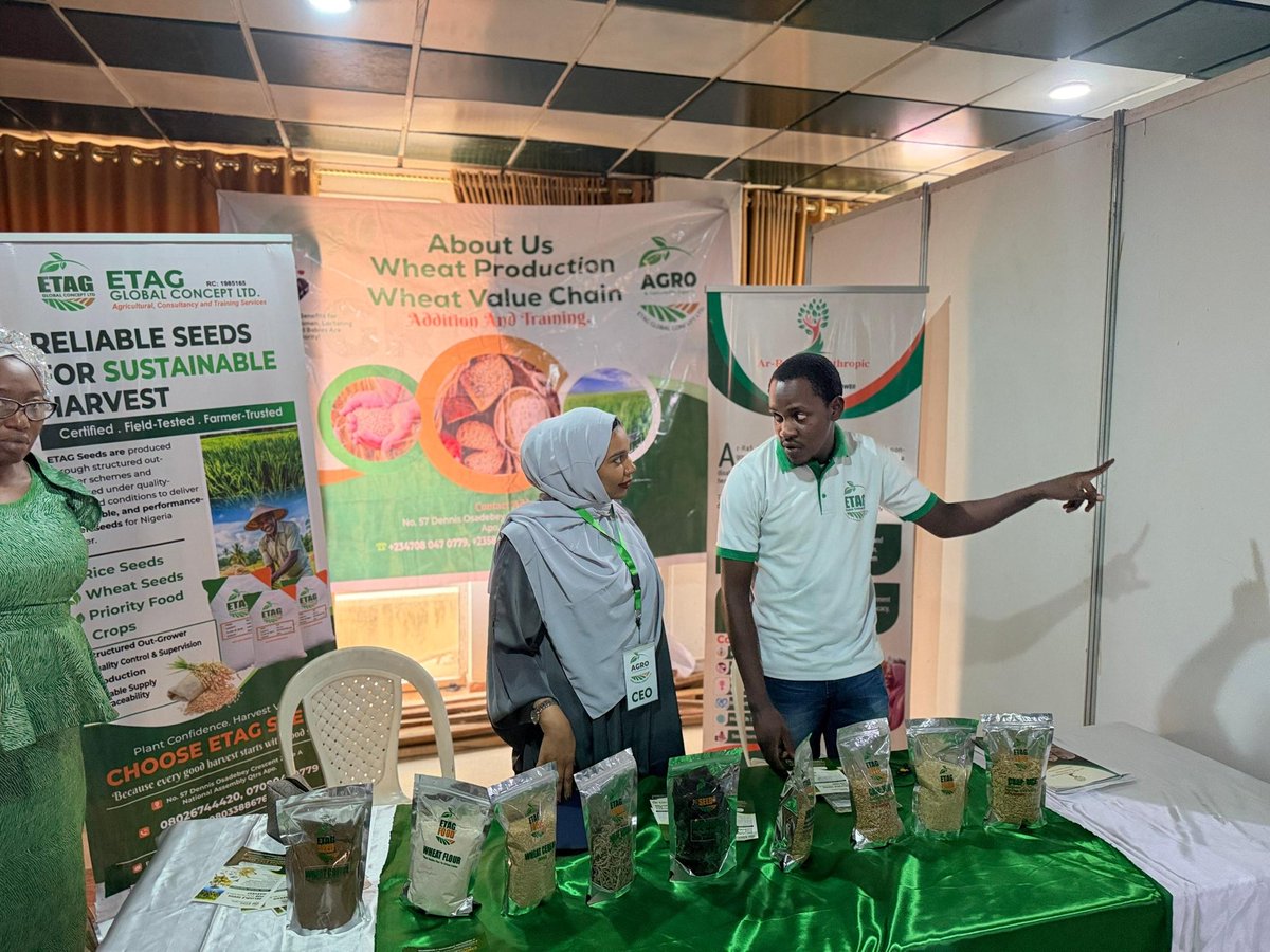 etagglobal's tweet photo. Great day at the #RenewedHopeInitiative exhibition!

ETAG Global Concept Ltd. is proud to lead the way in wheat production &amp; the agricultural value chain. Our certified seeds are built for sustainable harvests &amp; farmer prosperity.

#Agriculture #FoodSecurity #Nigeria #ETAGSeeds https://t.co/N8Dm3rvw2T