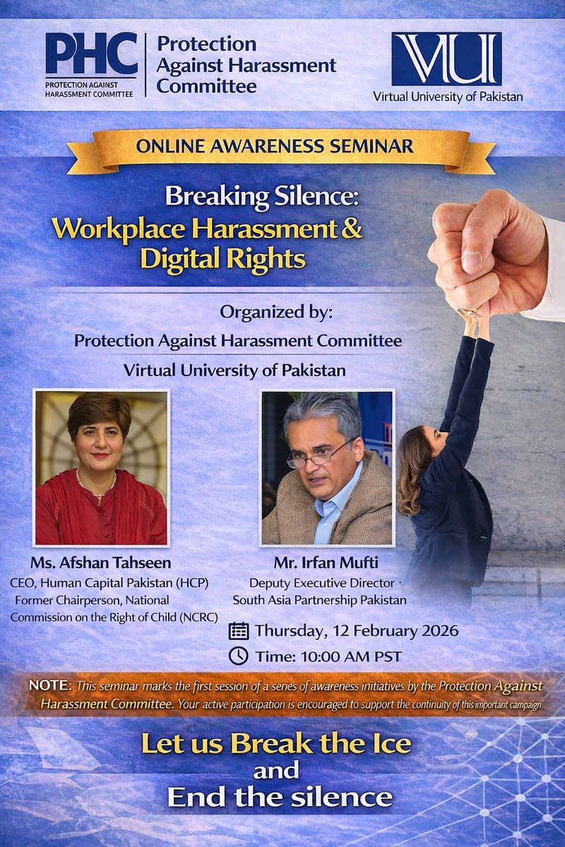 Honoured to speak at Virtual University of Pakistan on Workplace Harassment &amp; Digital Rights. Safe workplaces &amp;secure digital spaces are fundamental human rights, not optional values.

#DigitalRights #SafeWorkplaces #HumanRights #CyberSafety #VirtualUniversity #YouthEngagement