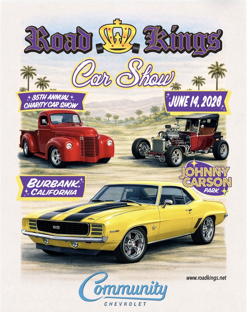 REGISTRATION OPEN 🚨

June 14 – 35th Annual Burbank Road Kings Charity Car Show
📍 Johnny Carson Park

⚠️ LIMITED car spots this year. When we’re full, we’re FULL.

Download registration NOW at 👉 roadkings.net

Don’t wait. Lock in your spot. 👑🔥

#RoadKings #CarShow