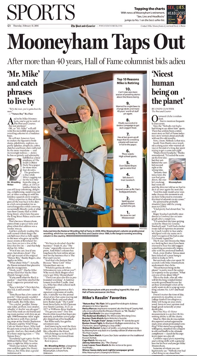 Ten years ago today my colleages sent me out in style with this special page. Officially "retired" after nearly 40 years with The Post and Courier, but never stopped writing.
