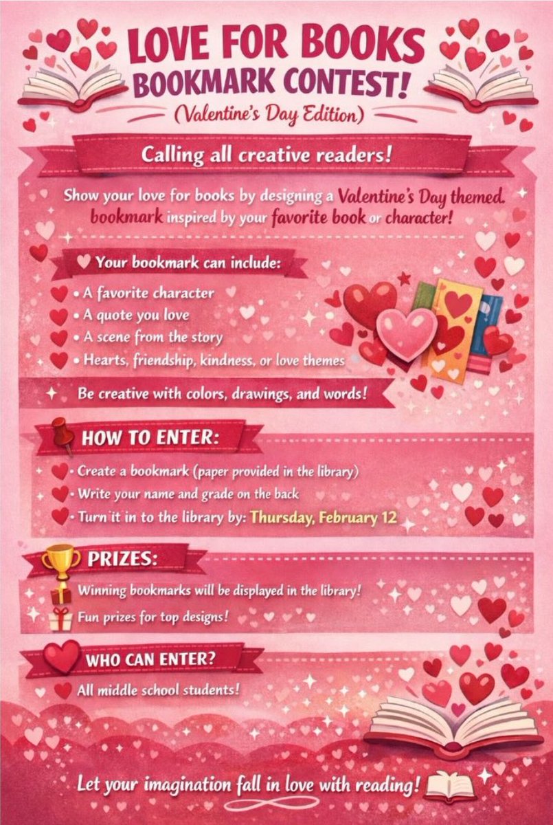 Tomorrow is the deadline for the bookmark contest! Students should turn their completed bookmarks into the library or their English teacher by the end of the school day tomorrow, Thursday, February 12th.