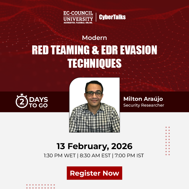EC_Council_Univ's tweet image. 2 Days Left!
Join Modern Red Teaming &amp;amp; EDR Evasion Techniques with Milton Araújo on Feb 13, 2026. 

Register now – attendee.gotowebinar.com/register/15920…
#CyberSecurity #RedTeaming #EDREvasion #HTMLSmuggling #Webinar