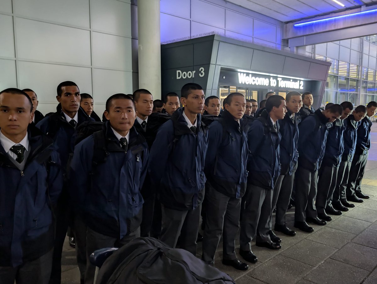 Gurkha_Brigade's tweet photo. Gurkha Recruit Intake 26 have now begun arriving in the UK, travelling on multiple flights from Kathmandu to Manchester Airport. From there, they continue on to the Infantry Training Centre in Catterick, where staff welcome them as they embark on their journey to become trained Gurkhas in the British Army. We wish them every success as they settle into life in a very wet UK.

#Gurkha #Nepal #Soldier #BritishArmy #Army #NewBeginnings #NewCareer #NewLife #NewStart
