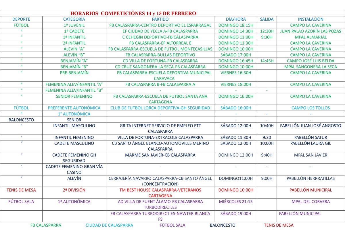 Horarios deportivos del fin de semana (14 y 15 de febrero) 🏀🥎⚽

#DeportesCalasparra
