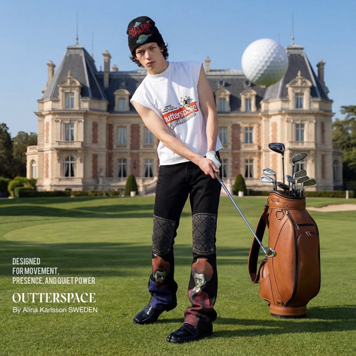 outterspacelab's tweet photo. Where heritage meets disruption. A classic estate, futuristic vision,and a game rewritten by OUTTERSPACE. Golf isn’t the sport the statement is OUTTERSPACE. #OUTTERSPACE #Fashion #FutureVintage #Outbound https://t.co/AhkKwjFJCL