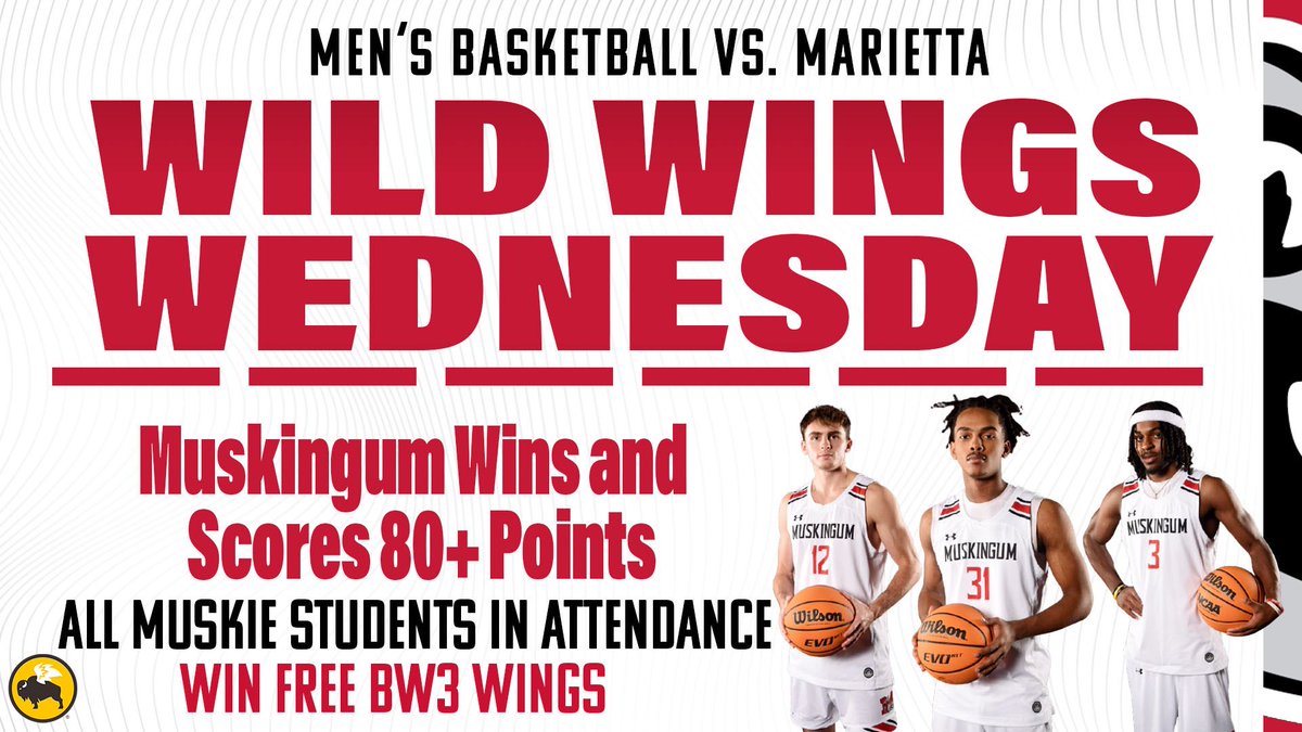 FightingMuskies's tweet photo. Men’s Basketball GAMEDAY! The Muskies will host Marietta inside the Steele Center for a big OAC matchup. Tip off is slated for 7:00PM. 🔥🏀
🚨🚨Muskie Tailgate for students from 6-6:45PM in the Atrium with cornhole and chances to win Wally’s or Buffalo Wild Wings gift cards🚨🚨
🌭Pregame Special: Dollar Dogs, 6-7PM
🍗Wild Wing Wednesday: 80 points + Win
💵 Dr. Pepper Dollars halftime contest presented by G&J Pepsi
🔔Community Night: Wear Muskie or John Glenn gear to receive FREE ADMISSION. 🔔
📊 https://t.co/bd4tm0YXoR
📺 https://t.co/2nvEtqn0Dp
🎟️ https://t.co/bve7B6s83B