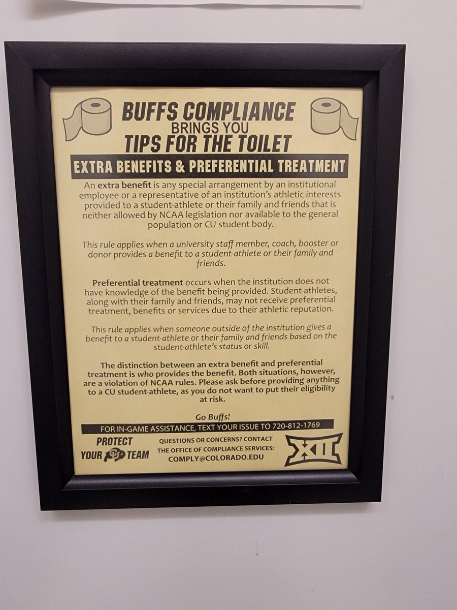 MarcEdelman's tweet image. If anyone has a modicum of doubts about the utter silliness of the #NCAA and its internal self-governance, go visit a University of Colorado public toilet.  I truly can’t make this stuff up!