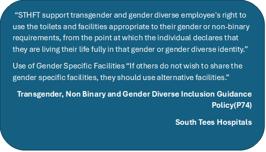🚨 <a href="/SouthTees/">South Tees Hospitals</a> South Tees Hospitals

📄 This statement appears in your “Transgender, Non-Binary and Gender Diverse Inclusion Guidance Policy (P74)”, available via FOI (2024):

⚖️ If still in force, this policy is unlawful.
The Equality Act 2010 protects biological sex — confirmed