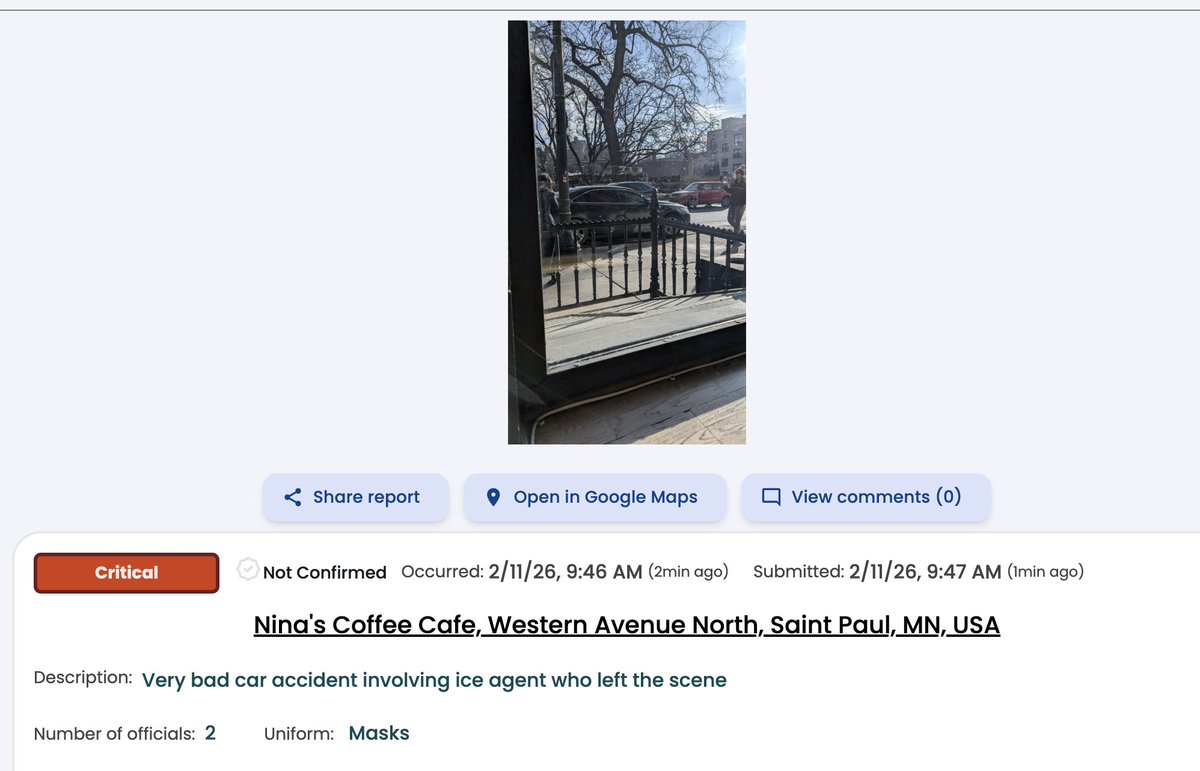 unconfirmed report from St Paul: "Very bad car accident involving ice agent who left the scene"