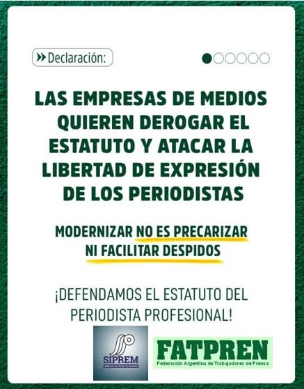 🚨 ALERTA! FATPREN y SIPREM denuncian que las cámaras empresariales operan en secreto para derogar el Estatuto del Periodista.
❌ Buscan legalizar la precarización y facilitar despidos.
❌ Sin derechos no hay libertad de expresión. 📢
#PeriodismoEnLucha #NoALaDerogación