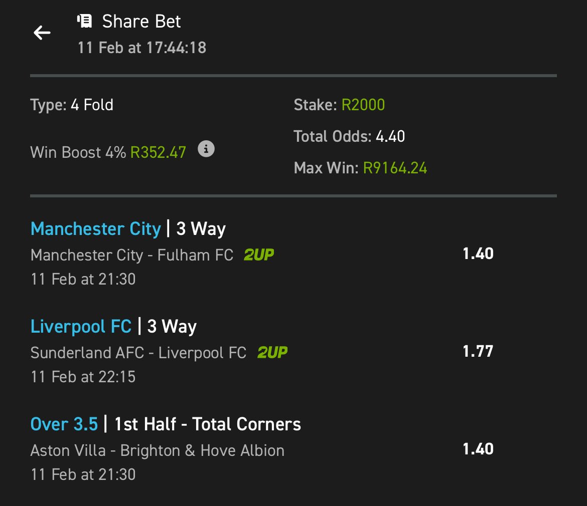 Let’s do Soccer ⚽️ 

BetSlip Code: 743146
BetLink: easybet.co.za/sports?bookedB…

Join EASYBET here: ebpartners.click/o/3lHTrH?lpage…

⚡️Get R50 sign up bonus + 25 Bonus Spins, 

💛150% first deposit match 💃🥳 

🔔 15% weekly cashbacks 🤑💸

📢 Use Promo Code: BETDIVA50

No deposit required!