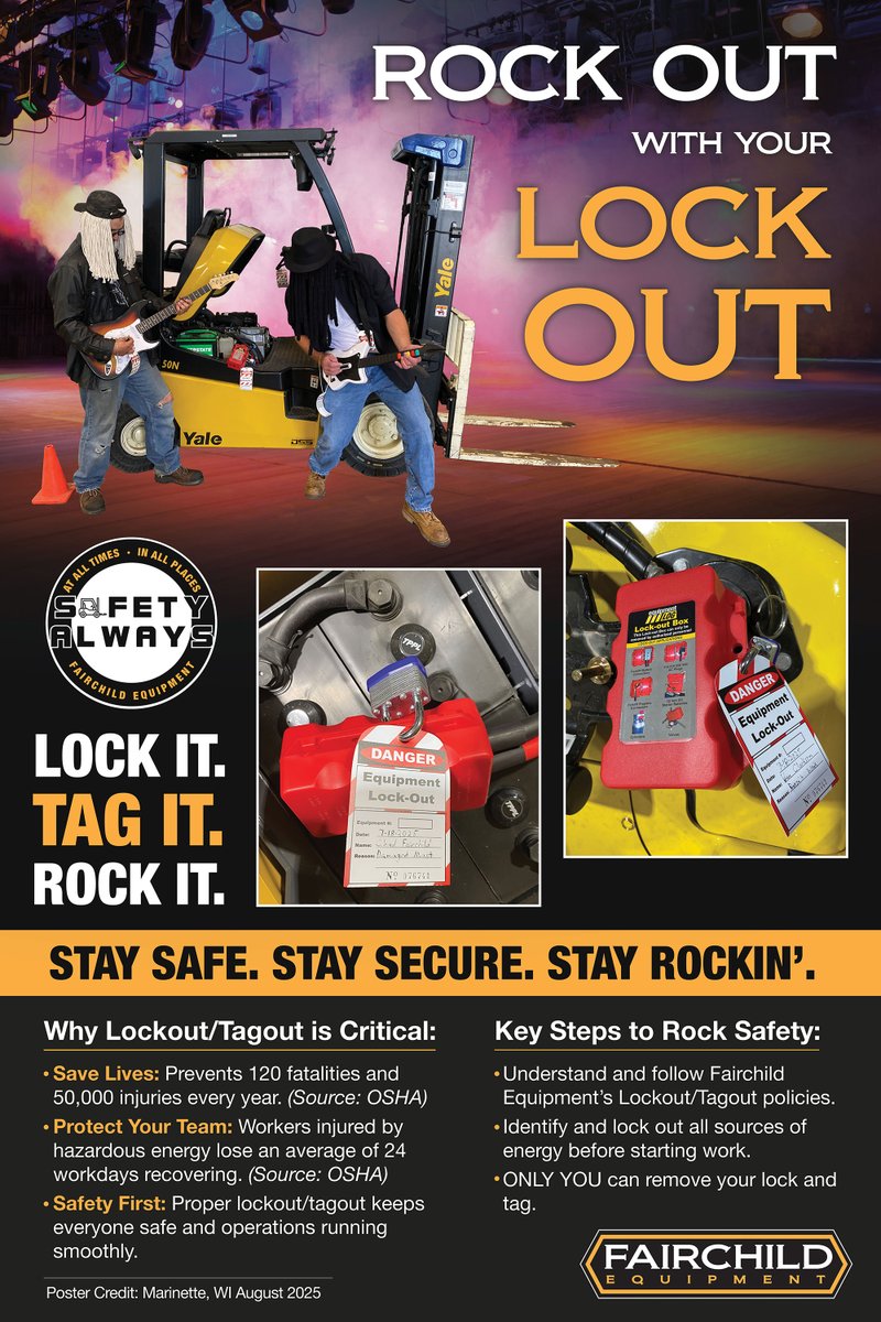🎸 Safety rocks! 🎸

Our Marinette team created this awesome Lockout/Tagout poster to promote workplace safety. Proper lockout/tagout saves lives and keeps operations running smoothly. Let’s keep rocking safety! 💪 
#SafetyAlways #LockoutTagout