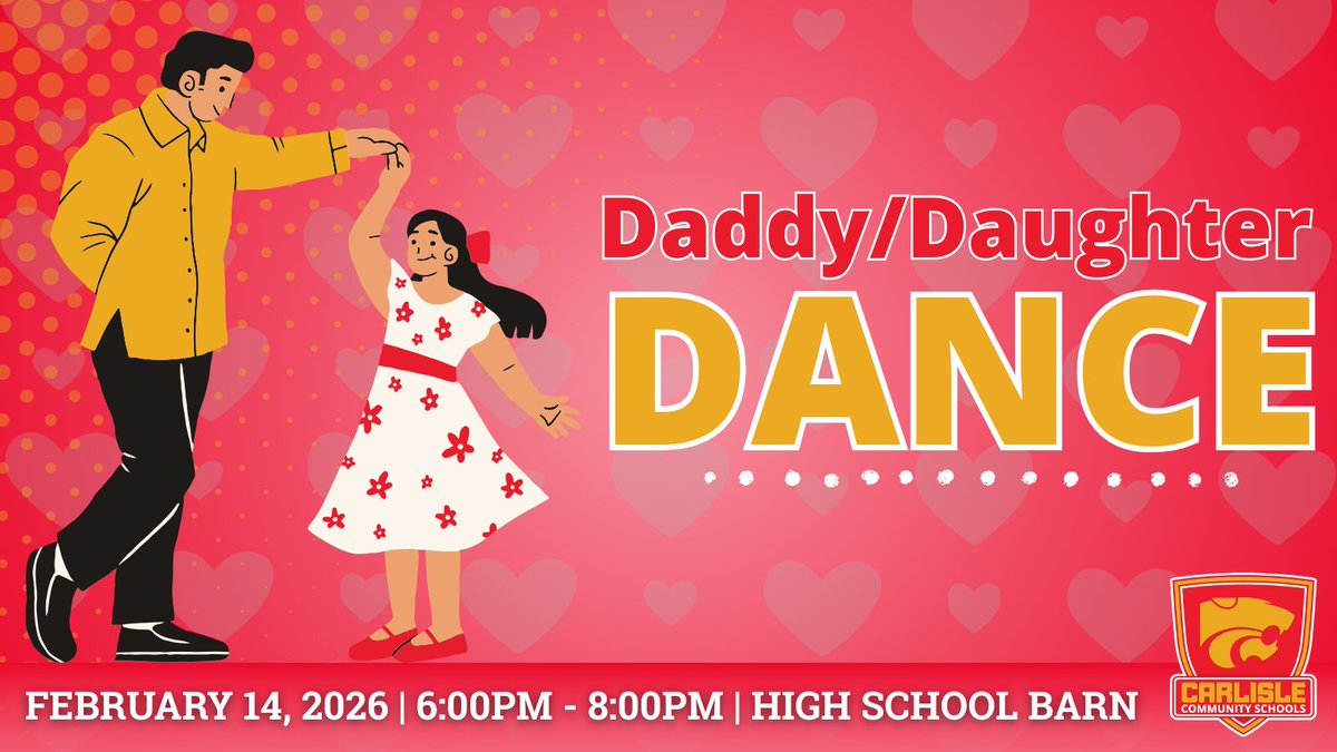 The Daddy/Daughter Dance is happening on Saturday, February 14, from 6:00 to 8:00pm at the High School Barn. Get ready for music, memories, and lots of smiles! 🪩🎶