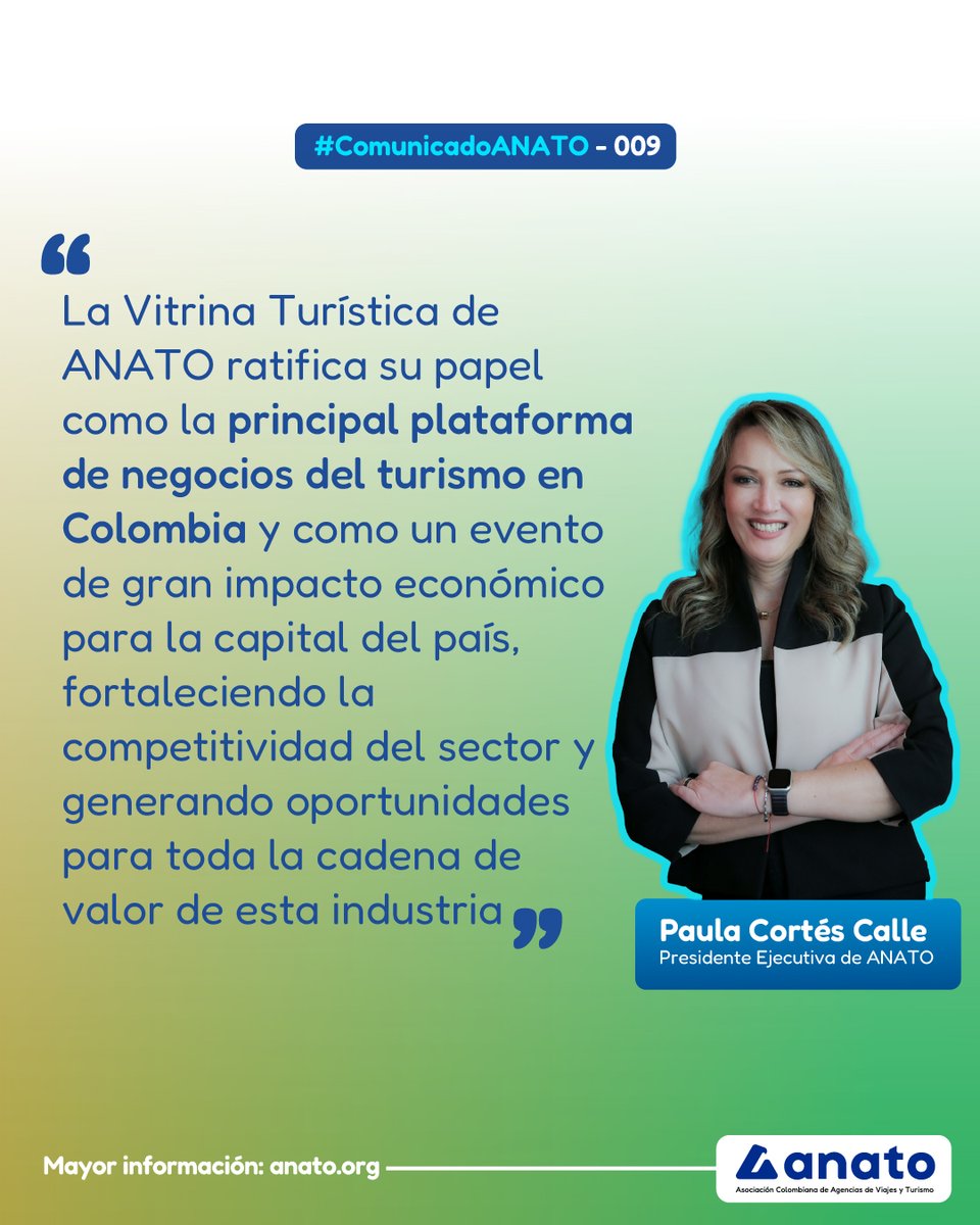 <a href="/PaulaCortesC/">Paula Cortés Calle</a> <a href="/DianaMoralesR1/">Diana Morales R</a> <a href="/MincomercioCo/">MinComercio Colombia</a> #ComunicadoANATO  

<a href="/PaulaCortesC/">Paula Cortés Calle</a>, presidente ejecutiva de ANATO, ratificó el papel de la Vitrina Turística de ANATO como la principal plataforma de negocios del turismo en Colombia.

<a href="/DianaMoralesR1/">Diana Morales R</a>
 
Mayor información en este hilo 👇

🧵4/4