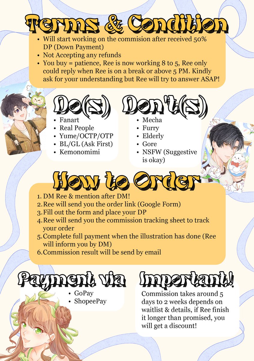 🌸 commission open! 🌸
please @ after dm!

more samples:
reecommissionsample.carrd.co
testimonial:
padlet.com/aimadoreen/com…
inter: vgen.co/aimadoreen

#commission #commissionopen #artidn #VGenComm