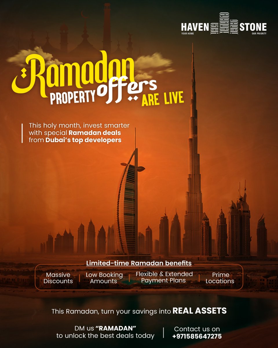 HavenstonePLLC's tweet photo. 🌙 RAMADAN PROPERTY OFFERS ARE LIVE 🌙
Invest smarter this holy month with exclusive Ramadan deals from Dubai’s top developers ✨

🔥 Limited-time benefits:
✔️ Massive discounts
✔️ Flexible payment plans
✔️ Low booking amounts
✔️ Prime locations
Turn your savings into real asset! https://t.co/zky0obIiHh
