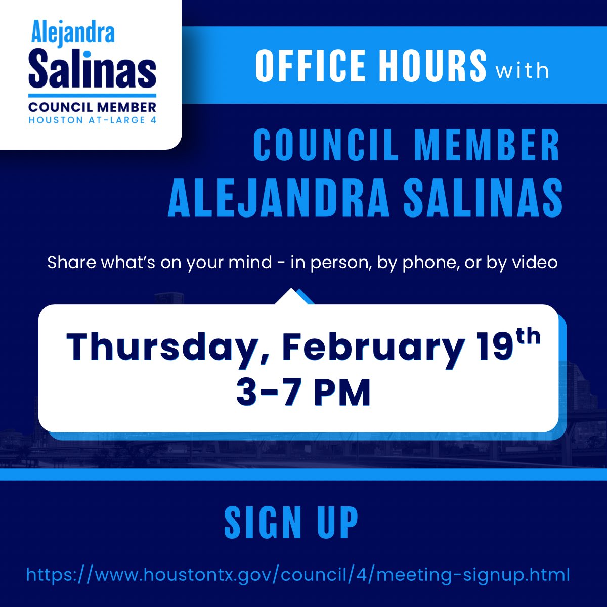 salinasforhtx's tweet photo. Excited to launch monthly office hours to make City Hall more accessible to Houstonians! Residents from every corner of the city are welcome to meet with me at City Hall, by video, or by phone to share what’s on their mind.
Sign up here: https://t.co/NdNPCTPr9e https://t.co/bi8BMYt80s