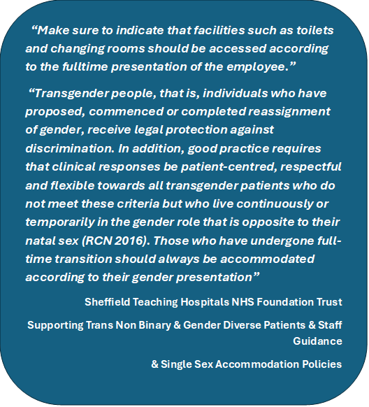 🚨 <a href="/SheffieldHosp/">Sheffield Hospitals</a>

📄 These statements appear in your “Supporting Trans, Non-Binary &amp; Gender Diverse Patients &amp; Staff Guidance” and Single Sex Accommodation Policies

⚖️ If still in force, this policy is unlawful.
The Equality Act 2010 protects biological sex — confirmed by the