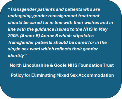 <a href="/NHSNLaG/">NHS NLaG</a>   This statement appears in your Policy for Eliminating Mixed Sex   Accommodation available   from an FOI in 2024
⚖️  If still in force, this policy is unlawful.
  The Equality Act 2010 protects biological sex — confirmed by   the UK Supreme Court in the For Women