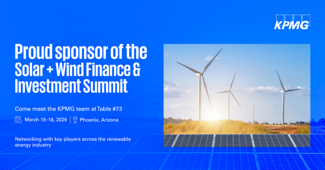 KPMG is proud to sponsor the 2026 Solar + Wind Finance &amp; Investment Summit. Let’s connect in Phoenix at Table #73! #KPMG #CleanEnergy #EnergyTransition bit.ly/46EgrKn