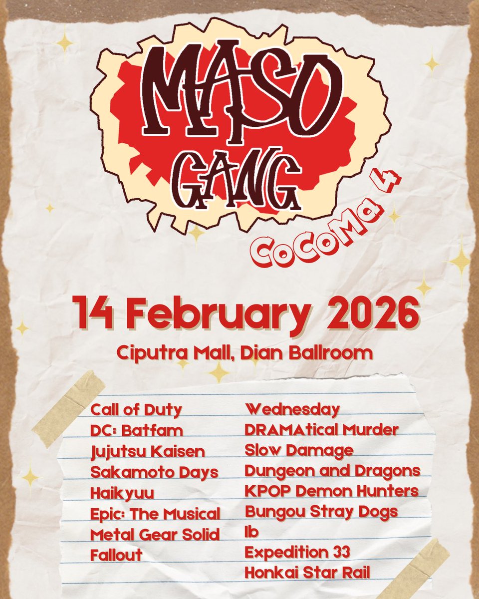 GangMaso's tweet photo. Hello Gengs!
Here's our #cocoma4catalogue
🗓: 14 February 2026
Booth no. A45-46
����CoD, Haikyu!!, JJK, EPIC: The Musical, SakaDays, DMMd, Slow Damage, Batfam, KPOP Demon Hunter, Wednesday, Bungo Stray Dogs, D&amp;D, Ib, Expedition 33, HSR, Fallout, MGS

(1/4) https://t.co/7iayRzpoUY