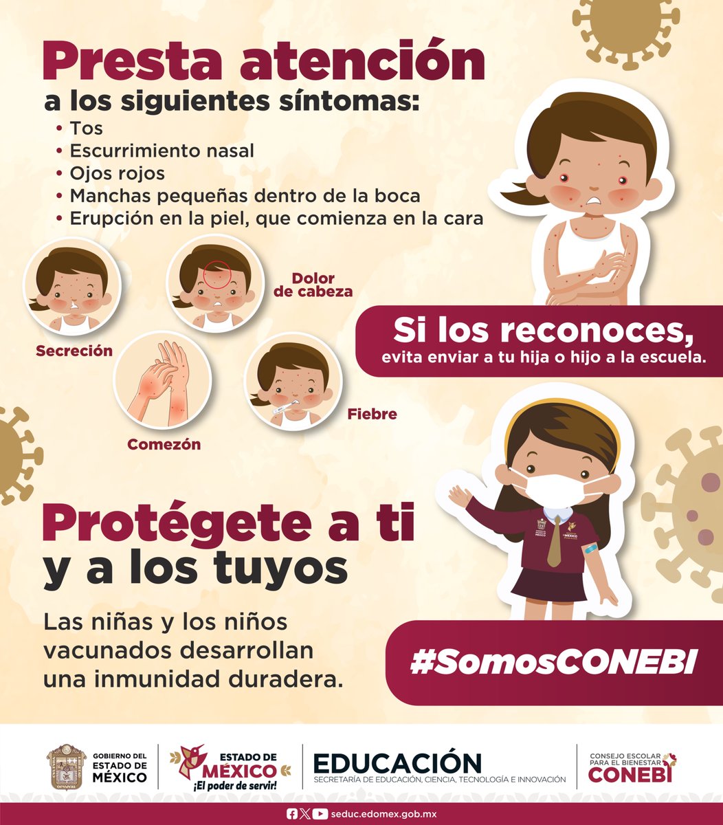 COBAEMex's tweet photo. El sarampión se propaga con facilidad y afecta principalmente a niñas y niños. 🦠

La detección oportuna y la vacunación son la mejor forma de protegerles. 💉

#PrevenirEsSalud
#SomosCOBAEM https://t.co/dXpdM70gXY