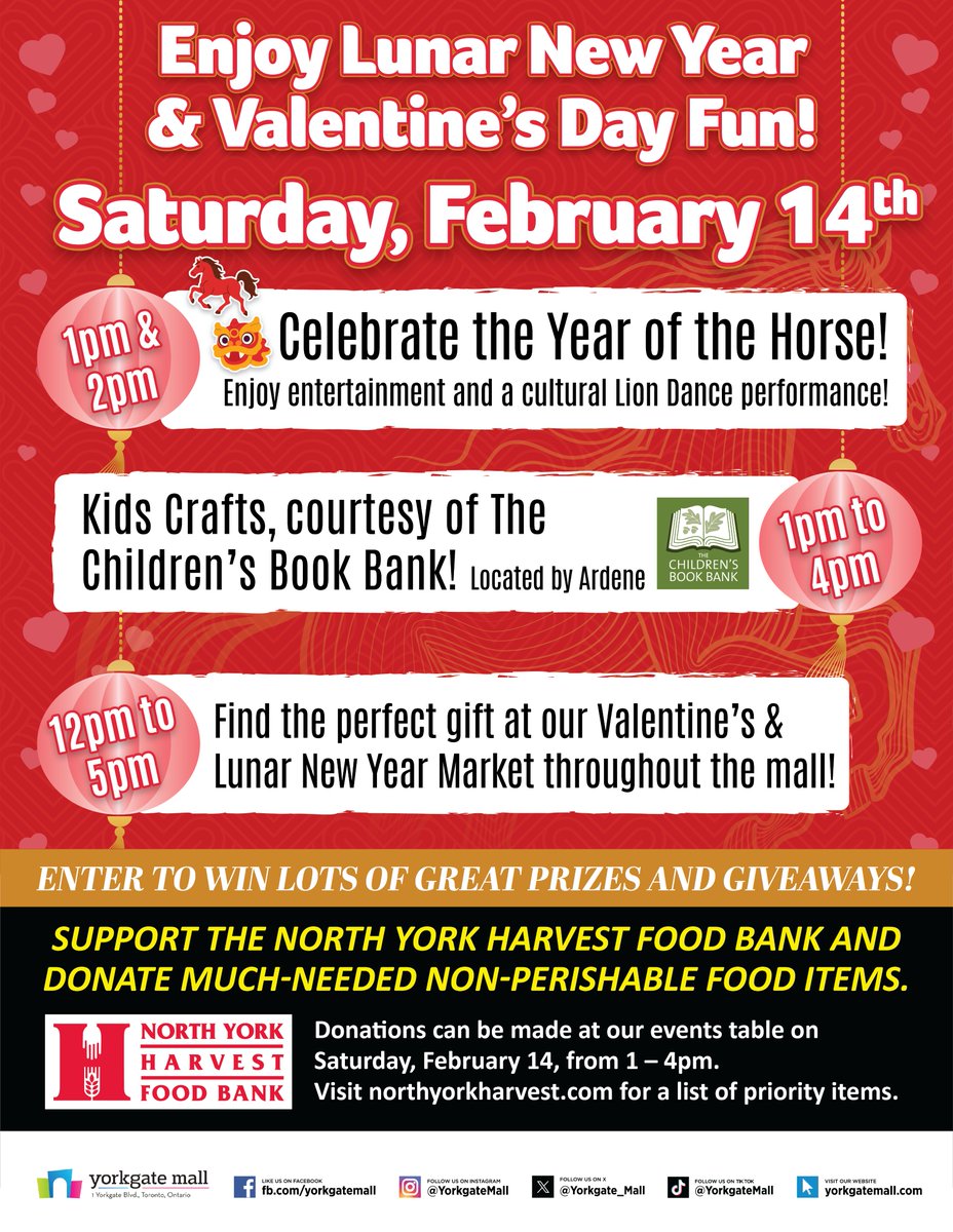 DownsviewAdv's tweet photo. @yorkgate_mall is excited to embrace the spirit of the Lunar New Year by spreading  joy throughout the community. Join us THIS Saturday, February 14 for a  cultural Lion Dance performance celebrating the Year of the Horse. ✨🐎🧧🦁Cultural Lion Dance Performance: 1pm and 2pm🎨 https://t.co/kwNOVzBBb0