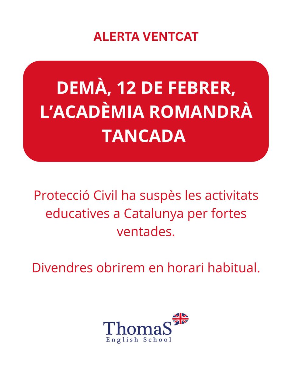 Davant la previsió de fortes ventades per demà, dijous 12 de febrer, Protecció Civil de la Generalitat ha anunciat que no hi haurà activitat educativa a tot Catalunya.

L'acadèmia suspèn totes les classes de demà.

Rependrem la nostra activitat escolar el divendres 13 de febrer.