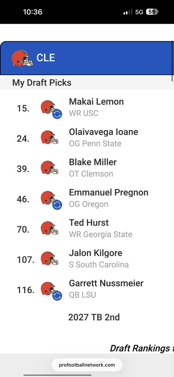Fooled around with a couple mock drafts but just used the Browns. Did a double trade down in the first one from 6 to 7 then 6-9 then in the second just one big trade down with the Buccaneers plus did 4 rounds instead of 3