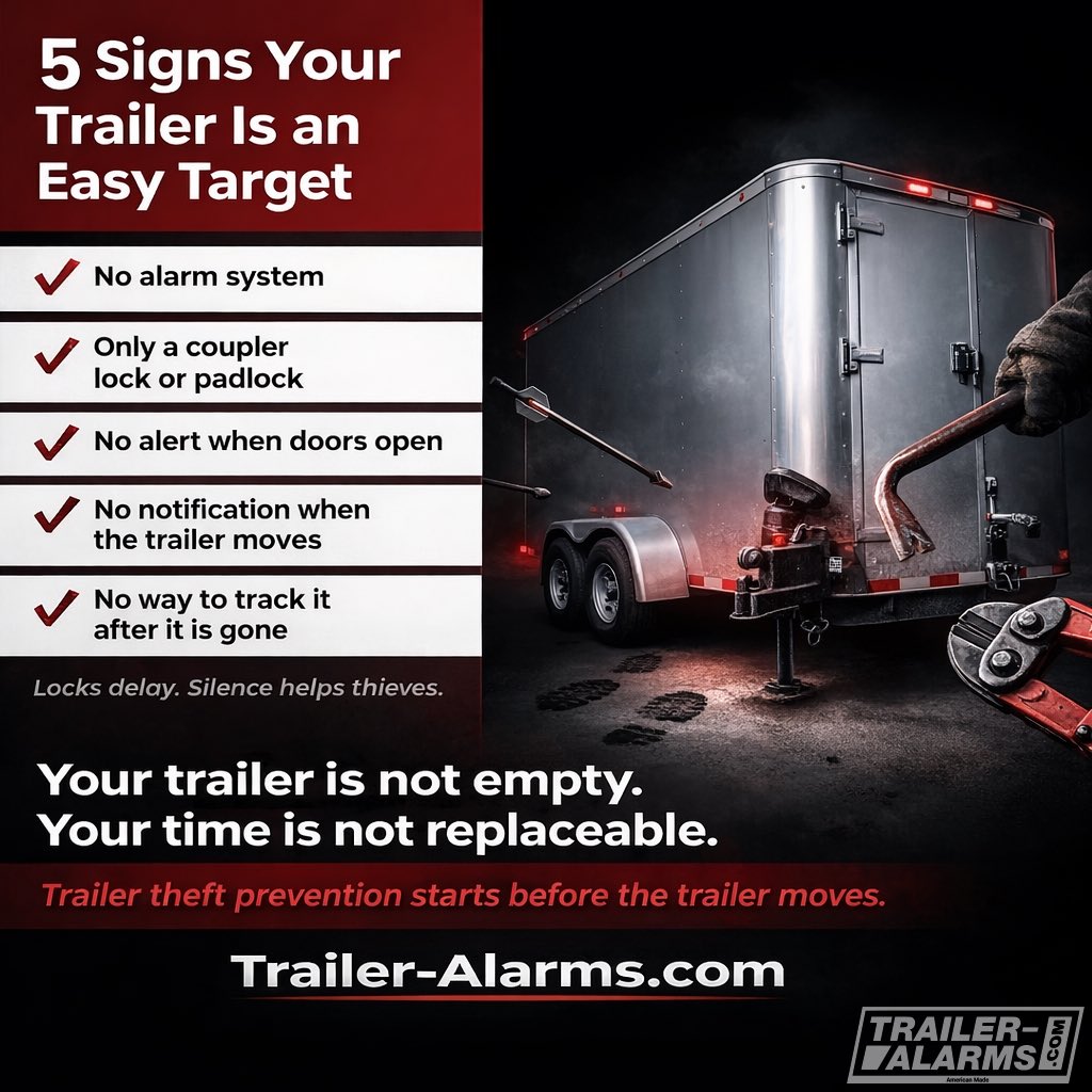 You trust the lock.
Thieves trust your silence.

If your trailer has:
• No alarm
• No movement alerts
• No door alerts
• No tracking

You’re an easy target.

The G2 from Trailer-Alarms.com gives you instant alerts, siren, brake lock, &amp; GPS tracking.

Real prevention wins