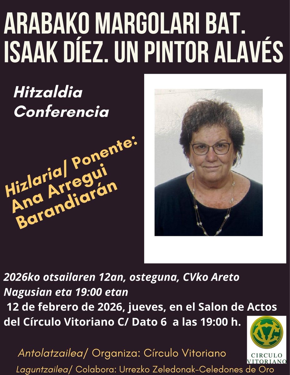 Bihar, otsailak 12, 19:00 etan hitzaldi interesgarria Ana Arregui Barandiaranek eskutik. Mañana jueves día 12 de febrero a las 19:00 h. con Ana Arregui Ana Arregui Barandiaran , presentará Santiago Arcediano.