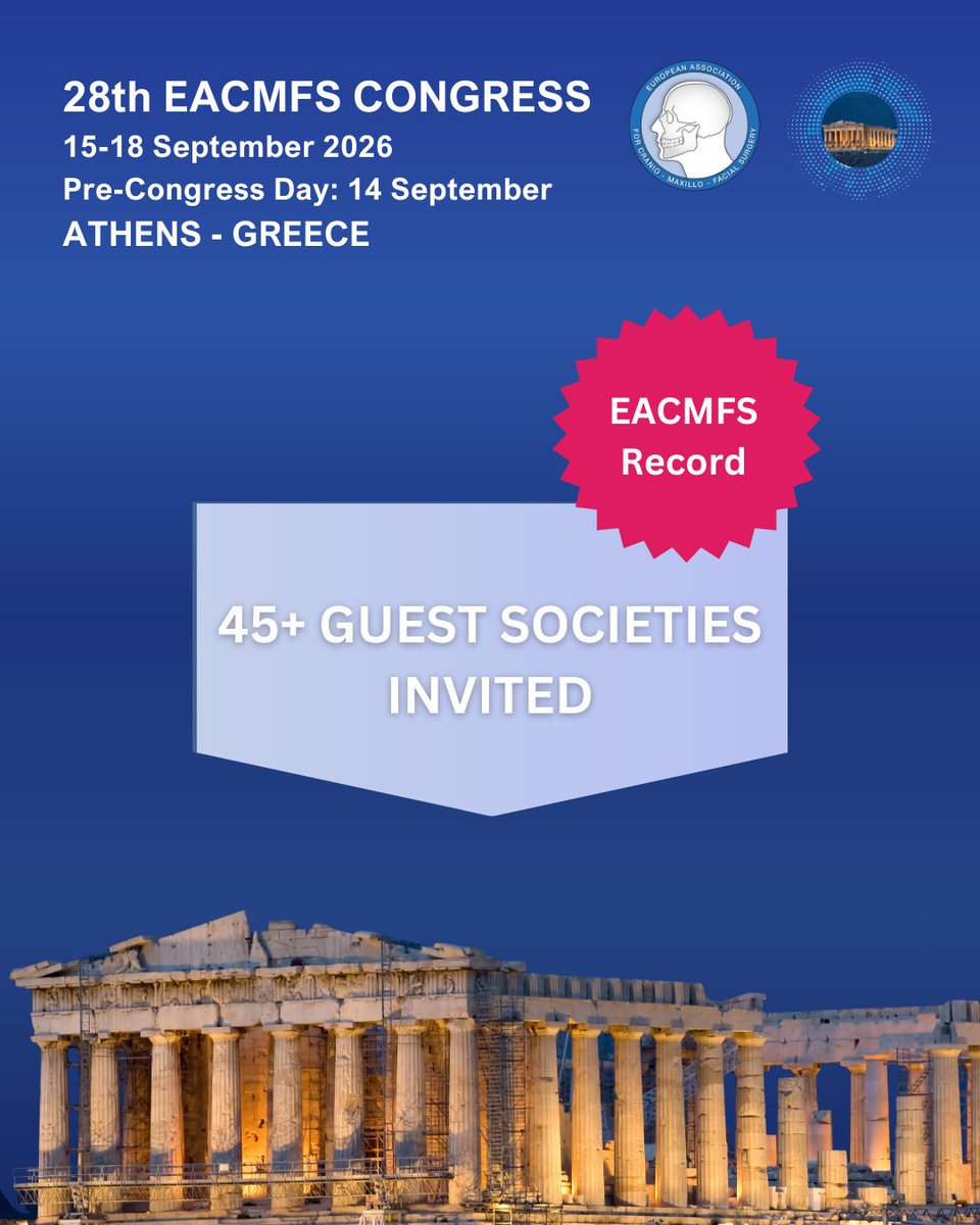 eacmfs_org's tweet photo. Record-breaking year for EACMFS! Over 45 Guest Societies invited - the most ever 🎉

Follow @EACMFS to see which associations will join us 👀
Register here: https://t.co/TzwOJN7k33
 🔗

#EACMFS2026 #OMFS #GuestSocieties #Surgery #MedicalCongress #Athens https://t.co/luHEpCHjXv