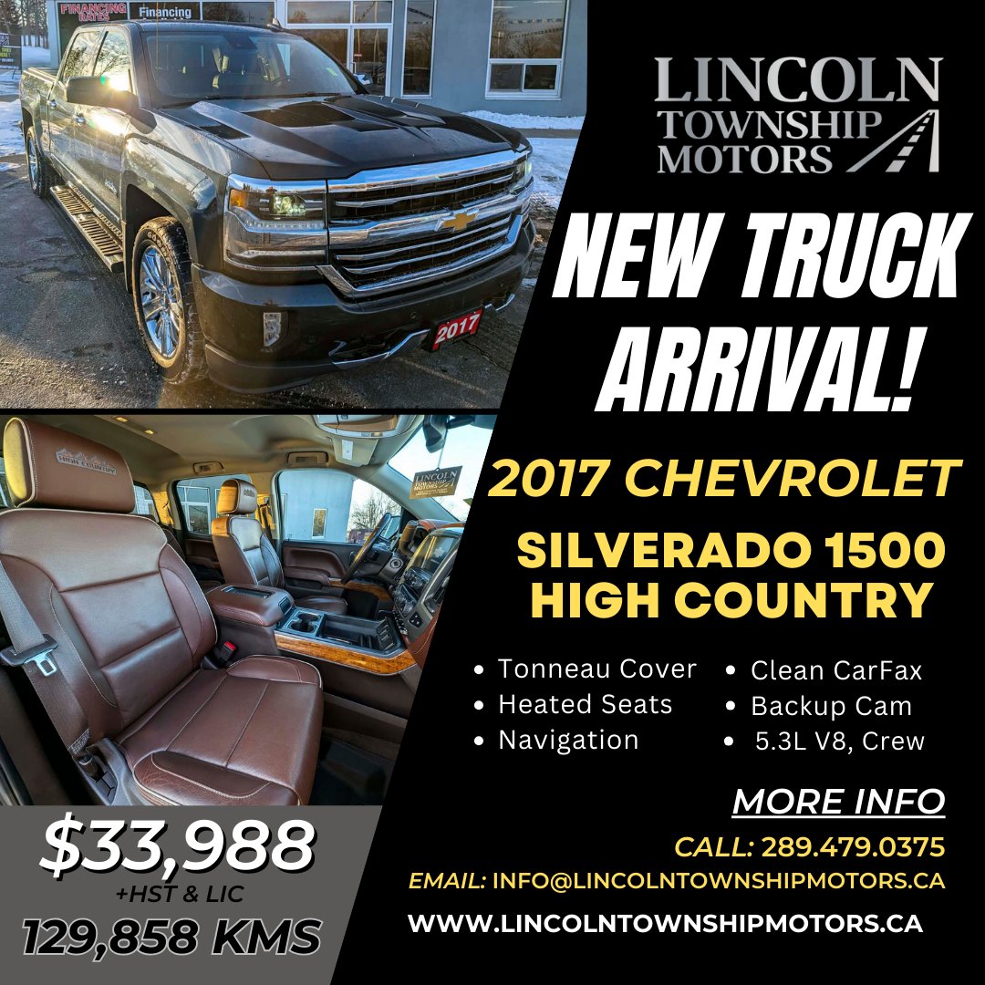 New Truck Arrival!
2017 Chevrolet Silverado 1500 High Country
-$33,988+Tax&amp;Lic
-Loaded with features
-5.3L V8, Crew Cab
-Clean CarFax

Book your test drive today!
📞 289-479-0375
📧 info@lincolntownshipmotors.ca

lincolntownshipmotors.ca/vehicles/2017/…

#lincolntownshipmotors #hamont #beamsville