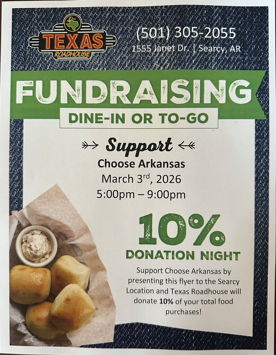 We will be doing a dine and donate March the 3rd in Searcy at Texas Roadhouse! 5-9pm!