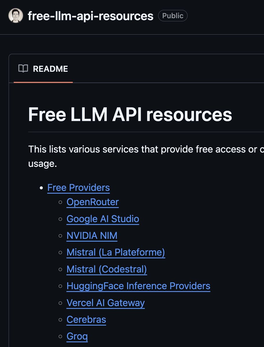 ¡Vaya tesoro! Colección de APIs gratuitas de modelos de Inteligencia Artificial. Sin pagos y con límites claros.

✓ +20 modelos disponibles
✓ ChatGPT, DeepSeek, Gemini, Qwen y más
✓ Con requests/minuto y tokens por día

→ github.com/cheahjs/free-l…