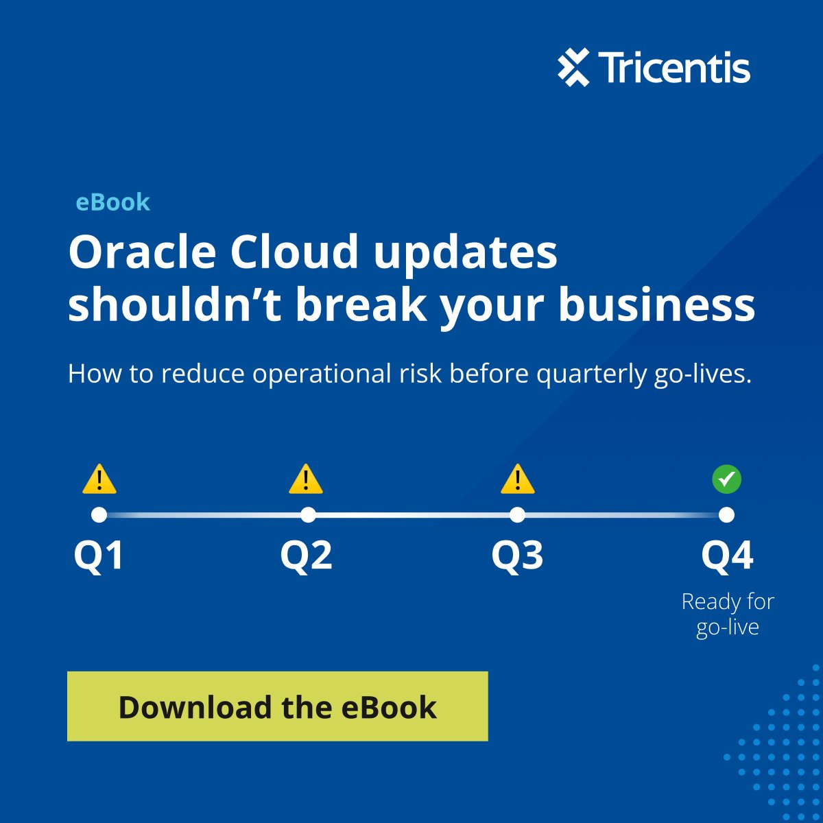Tricentis's tweet image. What if you could STOP the #OracleCloud quarterly update cycle of:

1️⃣ Disrupted critical business processes
2️⃣ Compliance headaches
3️⃣ Integration failures
4️⃣ Last-minute validation panic

Model-based testing is your solution! Learn more: bit.ly/3OCwceE