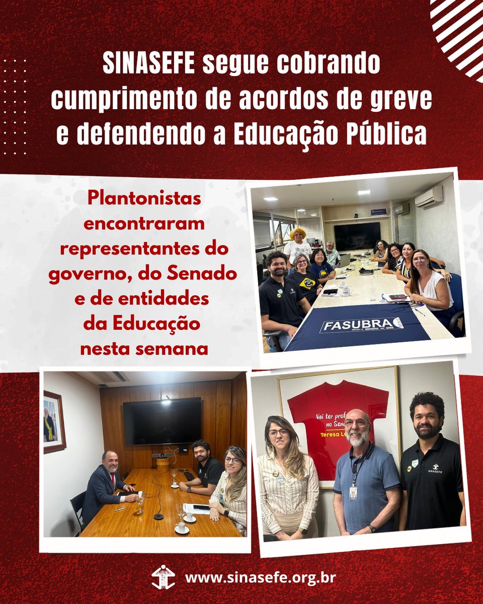 Acordos de Greve | Seguimos na construção de agendas para cobrar o cumprimento dos acordos de greve e para defender a Educação Pública.
Ontem o plantão da DN se reuniu com representantes do governo, do Senado e de entidades da Educação Federal. Leia: sinasefe.org.br/site/sinasefe-…