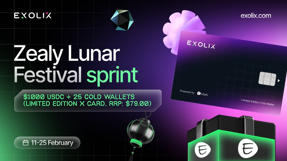 Lunar Festival 🐉 Sprint is LIVE  

Exolix has teamed up with @Ellipal for an epic celebration 🎇

✌️ weeks of epic quests and grand rewards

🧧500 USDC raffle 
🧧500 USDC sprint pool
🧧25 Ellipal X Card Cold Wallets 

Join the sprint now 👉zealy.io/cw/exolix/ques…

Start your