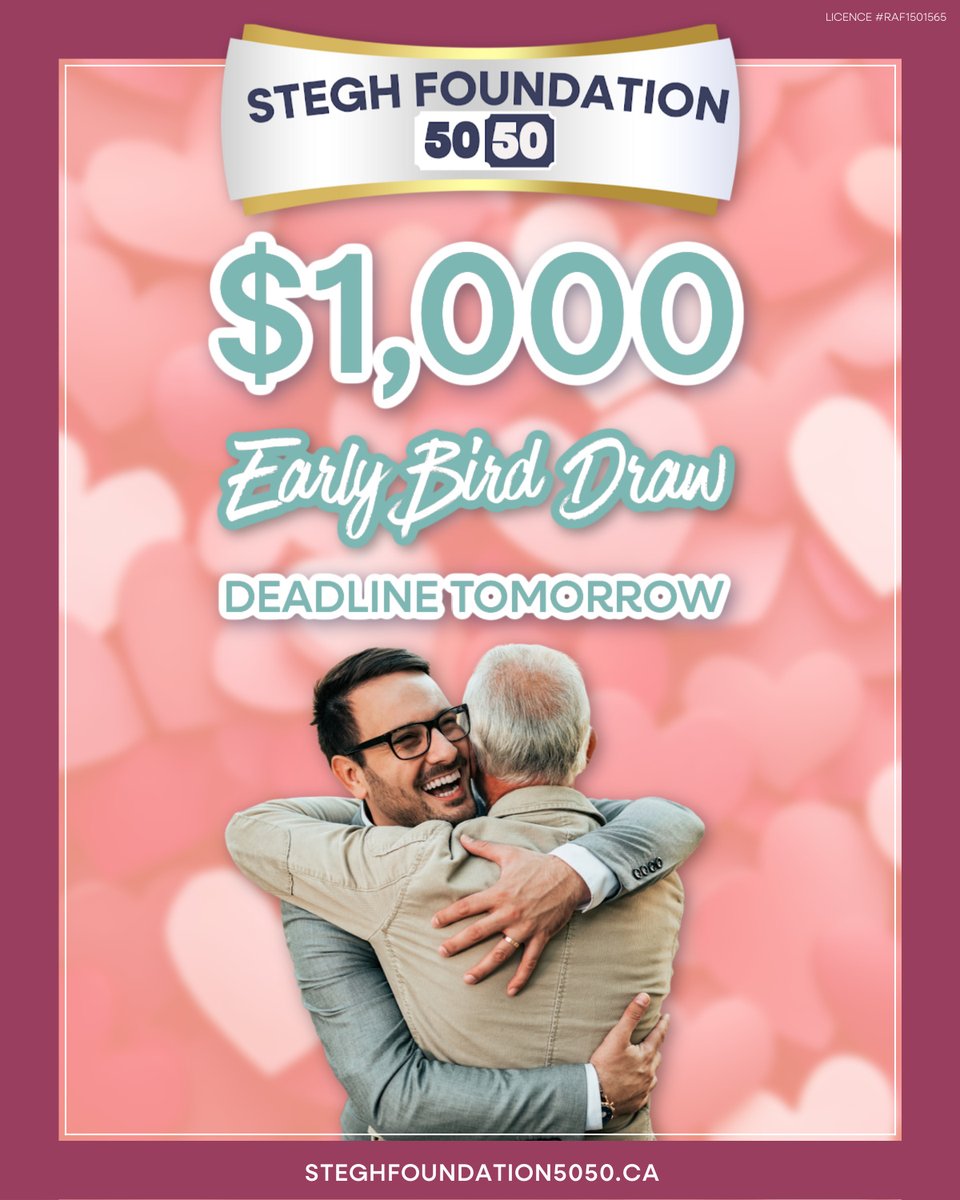 ⏰ Early Bird deadline tomorrow

Buy your tickets before 10:59 AM tomorrow to be entered into our next $1,000 Early Bird draw.

This is one of those “wish you’d bought yesterday” moments in the making.

🎟️ steghfoundation5050.ca
Lottery Licence #RAF1501565