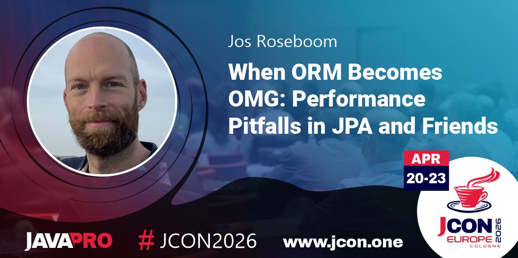 jcon_conference's tweet image. Excited for #JCON EUROPE 2026? See @josroseboom at #JCON2026 in Cologne talking about 'When #ORM Becomes OMG: Performance Pitfalls in #JPA and Friends'

JPA makes #database interaction feel almost #magical—until your app grinds to a halt. …

🎟️ 2026.europe.jcon.one/tickets
Free for