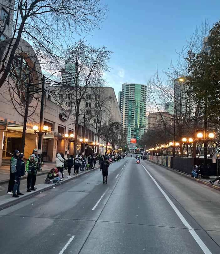 Seahawks Parade details: 

10am trophy celebration at Lumen. 
11am the parade will start. 
It will begin at 4th Avenue S and S Washington Street
It will travel north through downtown 4th Avenue
It will end at 4th Avenue and Cedar Street

If you want to watch it live: