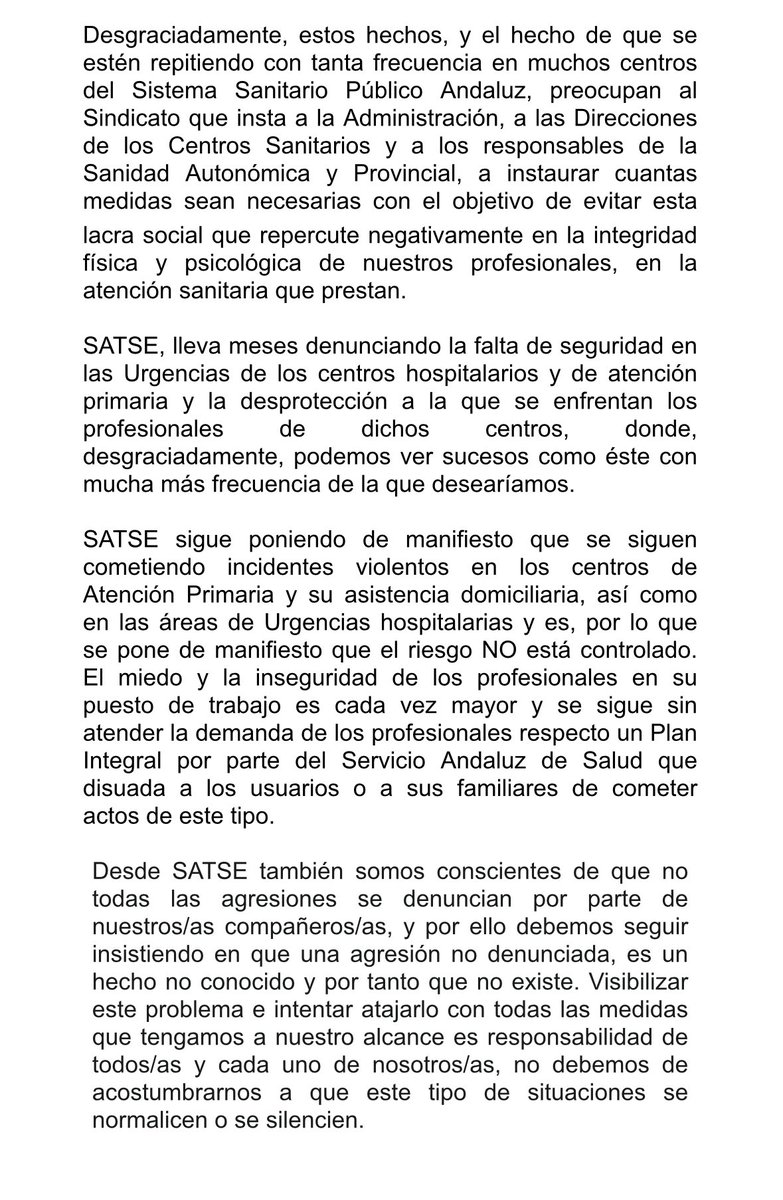 SATSE Jaén junto al resto de OOSS y la Dirección del Área Sanitaria de Jaén Norte, convocan una concentración para mañana día 12 de febrero a las puertas del Hospital San Agustín de Linares en contra de la Agresión a una compañera en el desarrollo de su actividad profesional.