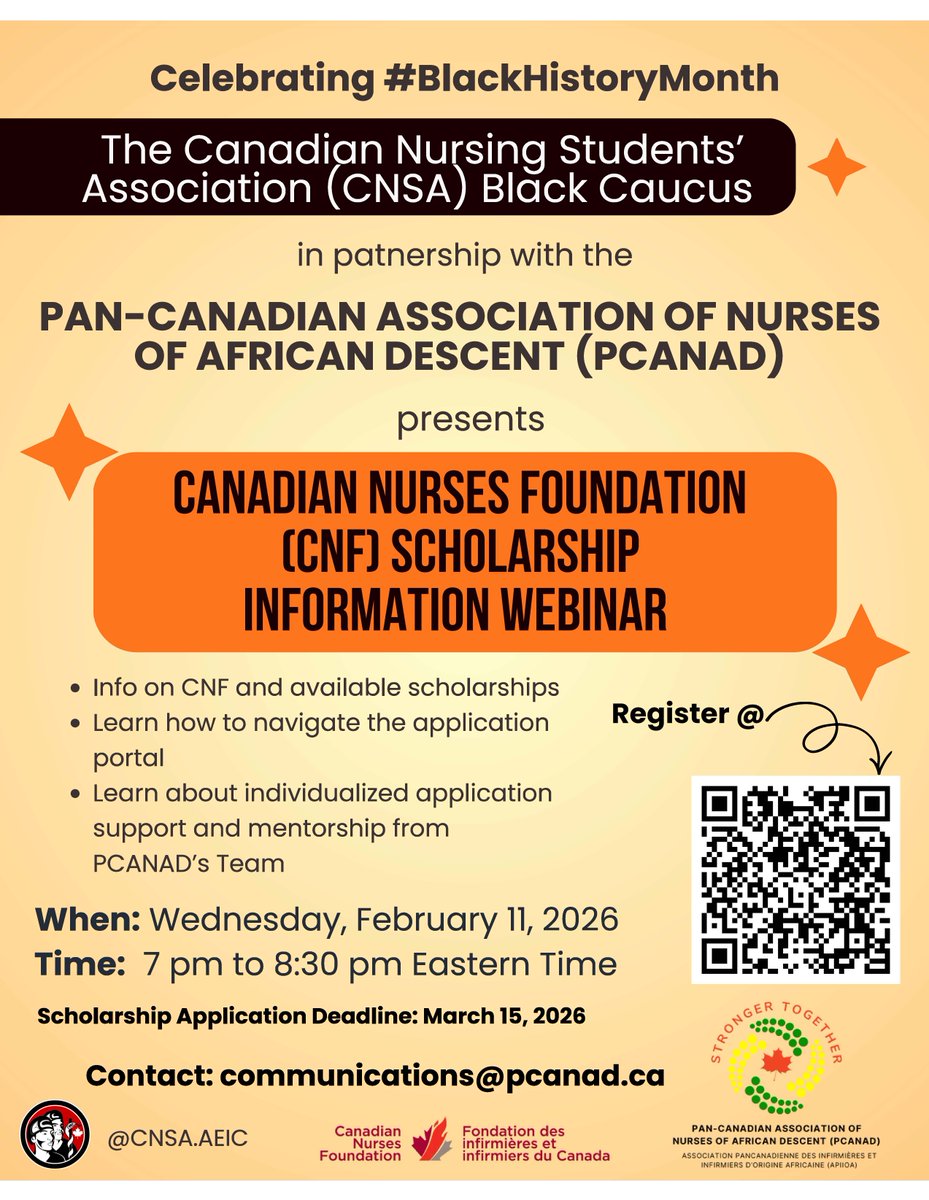 Canadian Nurses Foundation (CNF)Scholarship Information Webinar, Feb 11, 2026. See poster for more details.  #CanadianNurses #NursingScholarships #BlackHistoryMonth #NursingStudents #NurseEducation 
ow.ly/rQl350YatNr
ow.ly/Fmvg50YatNt
cnf-fiic.ca