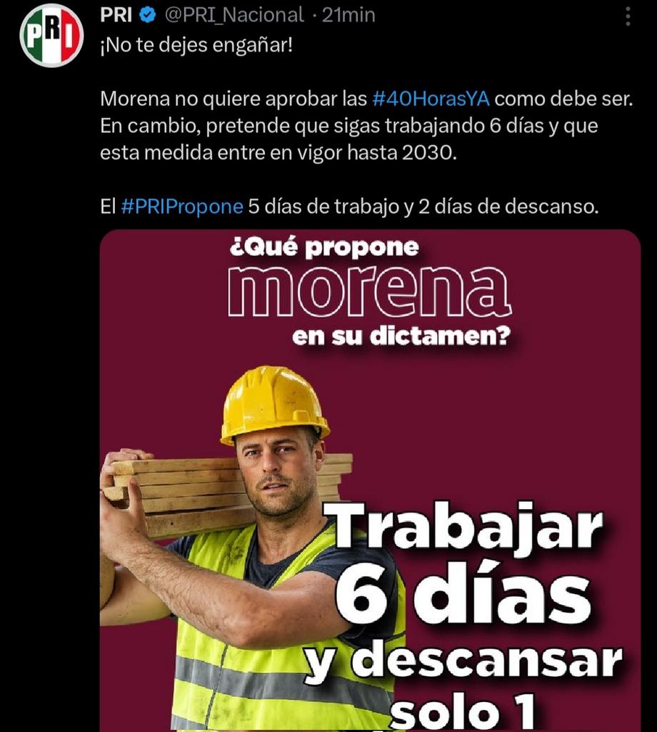 🚨🚨
El PRI goberno 80 años y no lo hizo.
El PAN gobernó 12 años y no lo hizo.
MORENA lleva gobernando 7 años y dice que tampoco dara un día más de descanso.
🚨🚨EL PUEBLO DE MEXICO SEGUIRA TRABAJANDO 6 DIAS Y SOLO DESCANSARA 1 DIA.
RT🚨siguenos.