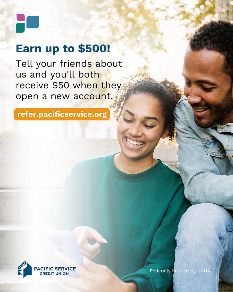 Share the love when you refer your friends and family to Pacific Service CU. Tell your friends about us and you'll both receive $50 when they open a new account. Earn up to $500. 

Refer today! nuvi.me/4kxvm9