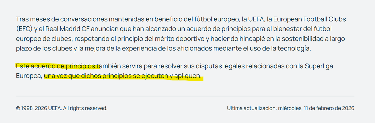 No se renuncia en ningún caso. Todos los actores (club, A22 y UEFA) dejan claro que si no se logra acuerdo definitivo y éste se implementa, se sigue adelante con la demanda, por eso hablan de principio de acuerdo como obliga el MASC presentado a22sports.com/en/media/a22-c…