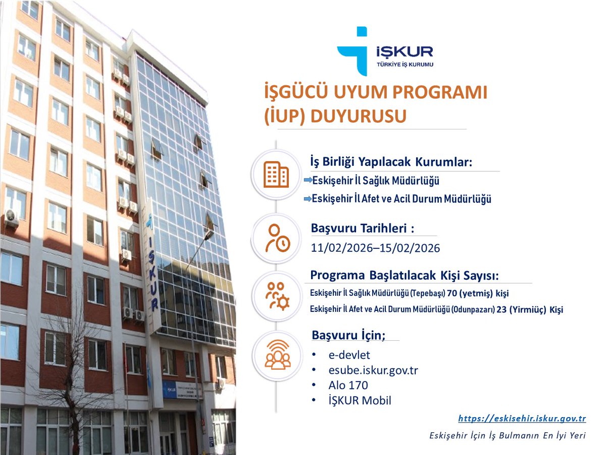 Eskişehir Çalışma ve İş Kurumu İl Müdürlüğü ile Eskişehir İl Sağlık Müdürlüğü ve Eskişehir İl Afet ve Acil Durum Müdürlüğü iş birliğinde düzenlenecek olan İŞGÜCÜ UYUM PROGRAMI (İUP) kapsamında;
 
 11/02/2026 - 15/02/2026 tarihleri arasında 93 kişilik başvuru alınacaktır.