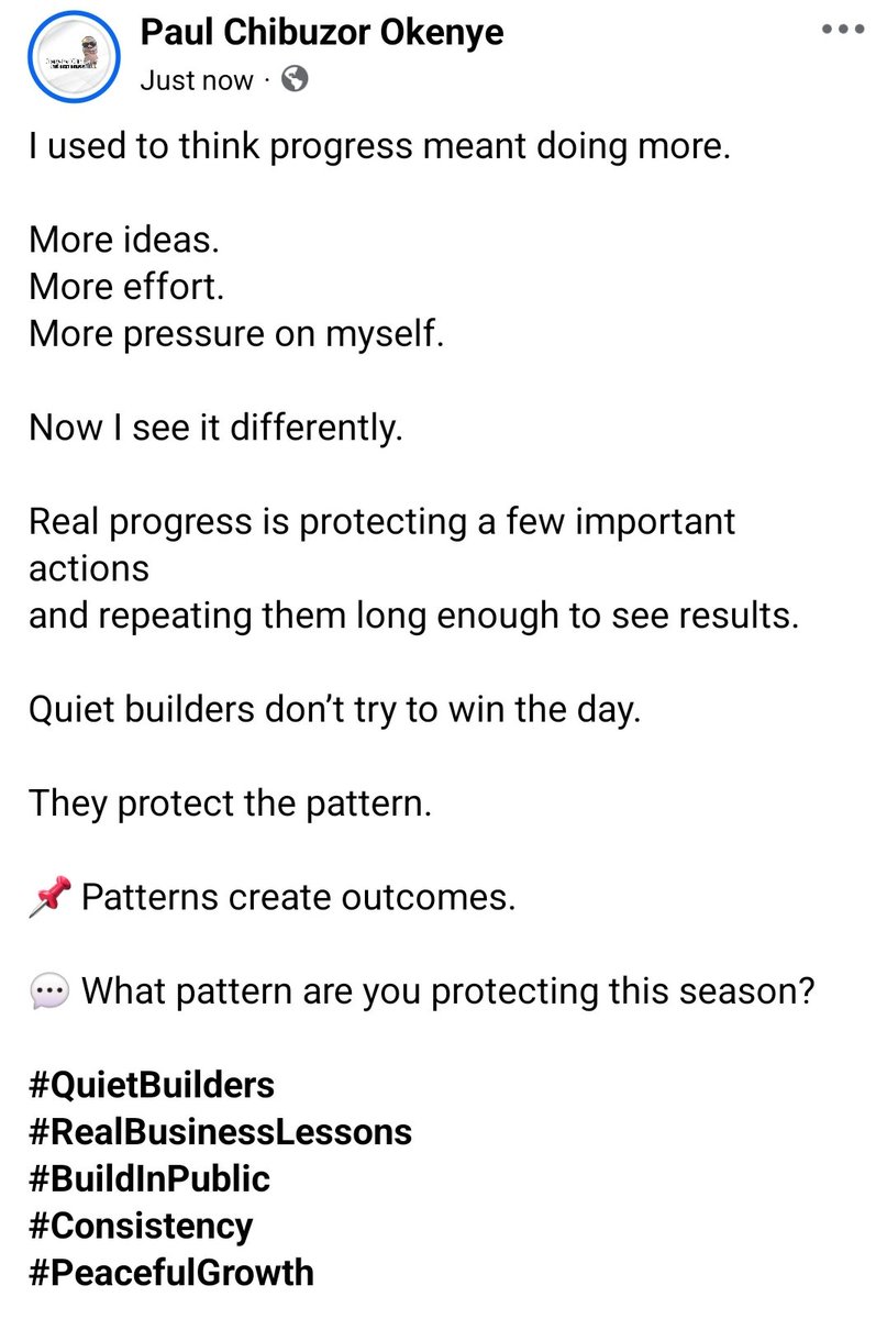 okenyepaul_'s tweet photo. 📌 Patterns create outcomes.
💬 What pattern are you protecting this season?
#QuietBuilders
#RealBusinessLessons
#BuildInPublic
#Consistency
#PeacefulGrowth https://t.co/cByDbrdZqy