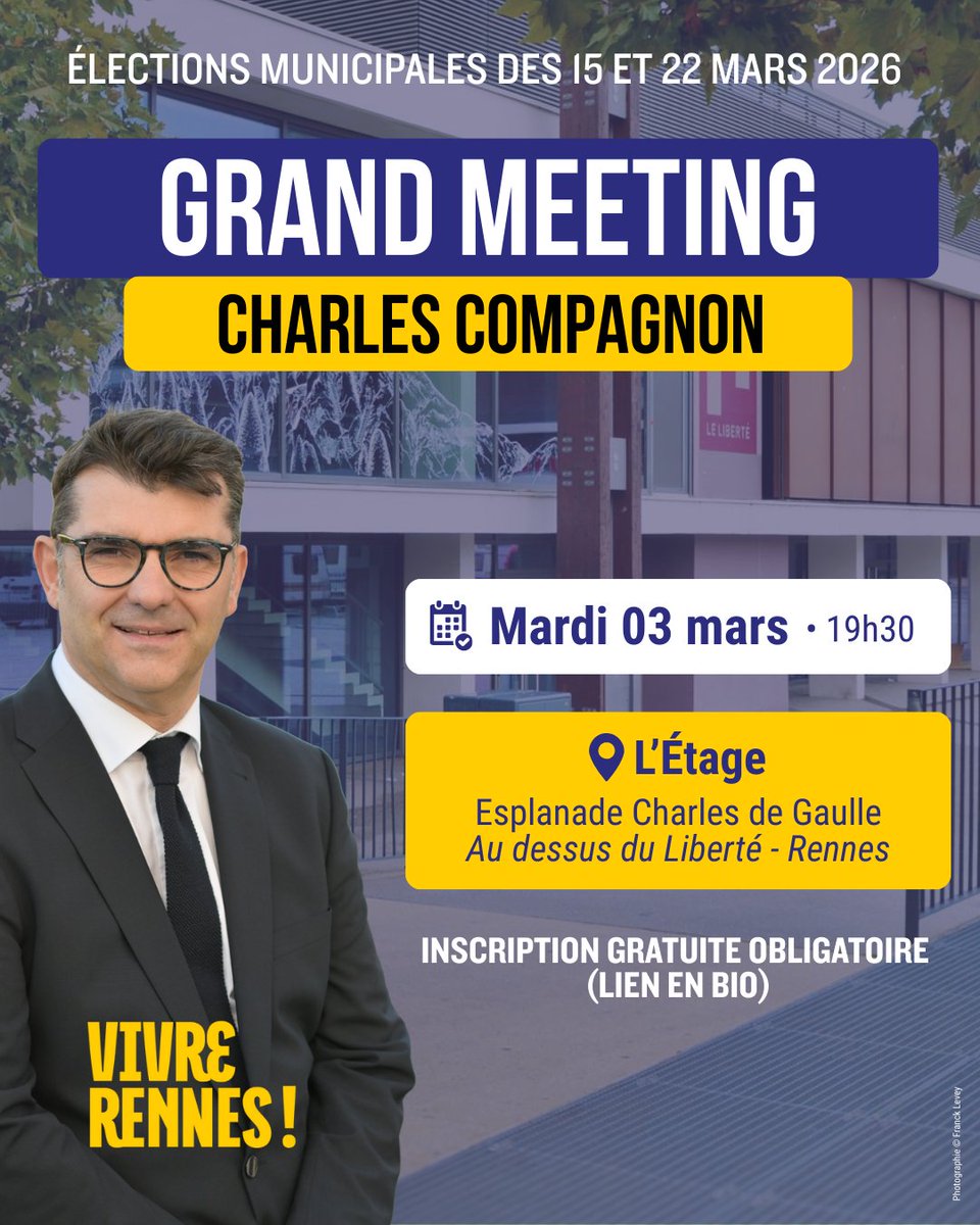 Le 3 mars, on vous donne rendez-vous pour notre grand meeting de campagne avec <a href="/Ch_Compagnon/">Charles Compagnon</a>. Découvrez notre projet et nos priorités. Ne manquez pas ce moment clé pour l'avenir de notre ville.

Inscription gratuite ici 👉 my.weezevent.com/meeting-de-cha…

#VivreRennes