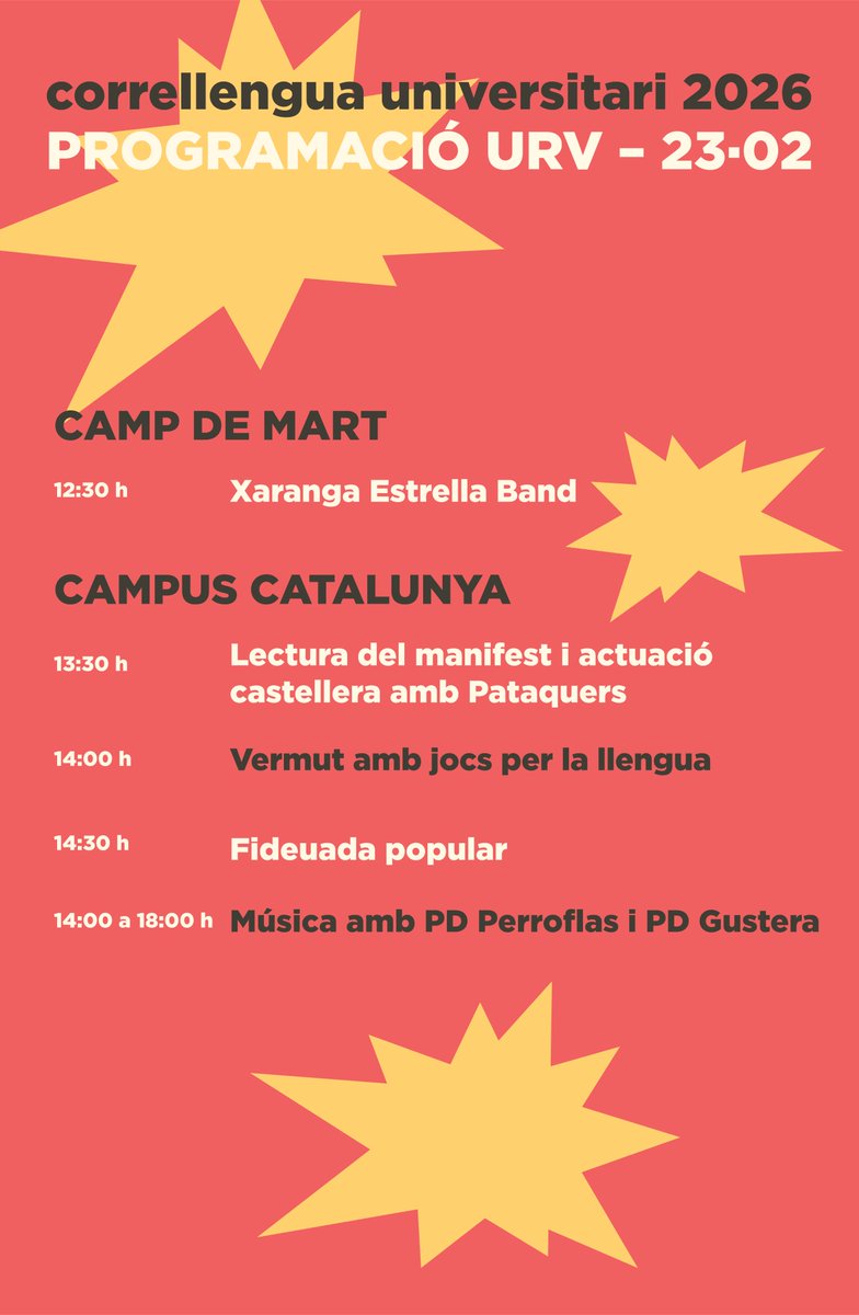 🎉 Ja tenim la programació de la Universitat Rovira i Virgili!

Vine a gaudir del Correllengua Universitari i fem córrer la flama fins a la <a href="/universitatURV/">Universitat Rovira i Virgili</a>  🔥

🗓️ Dilluns 23 de febrer
📍 Camp de Mart, Campus Catalunya (Tarragona)
⏰ De les 12:30 h a les 18:00 h